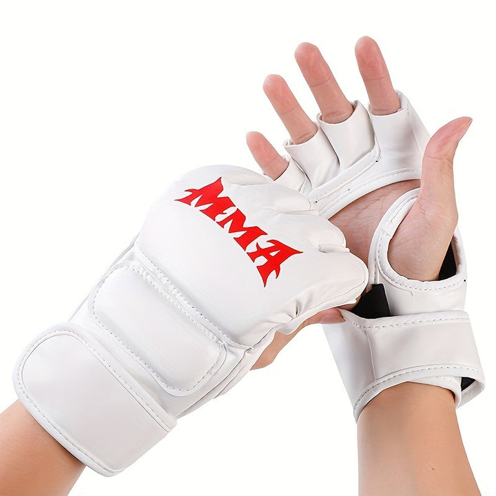 1 Pair Adult Half-Finger MMA Boxing Gloves with Hook & Loop Closure - Durable PU Material, Available in White/Red/Black