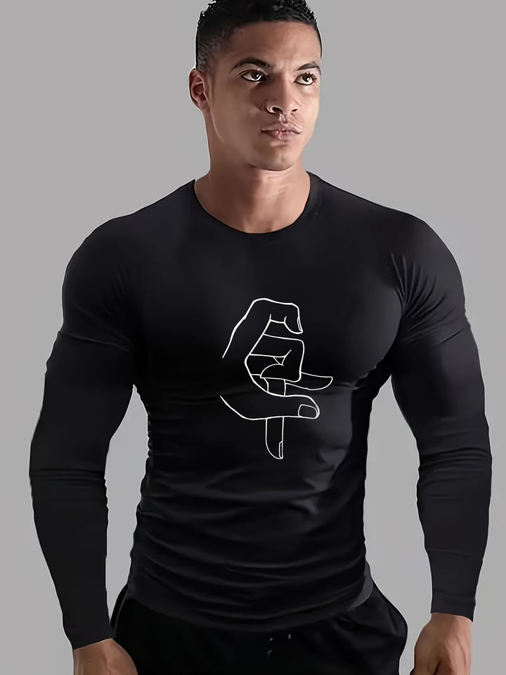 Men's Gesture Pattern Long Sleeve Fitness T-shirt, Compression Tight Sports Top