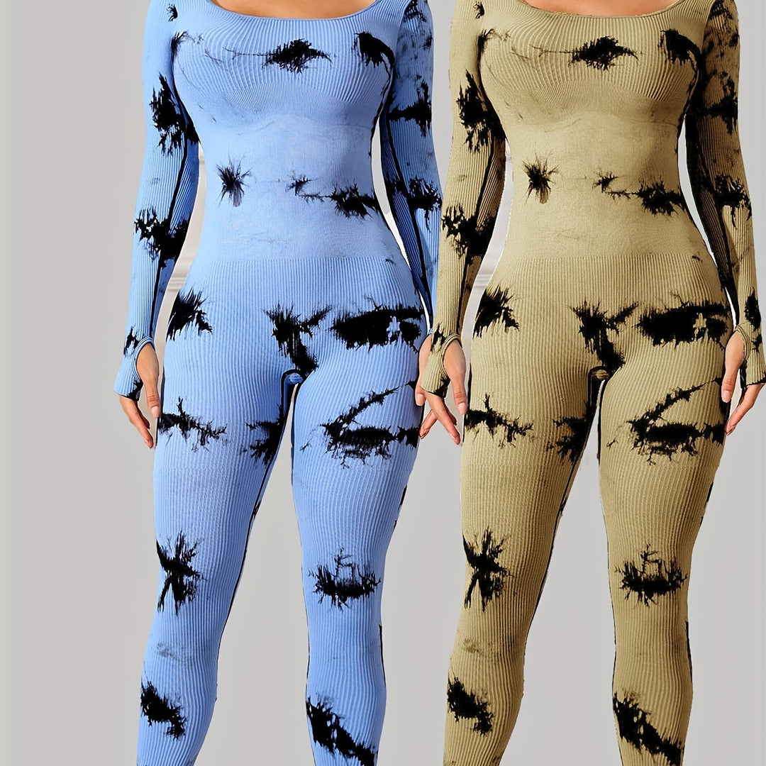 Women'S Tie-Dye Long-Sleeve Jumpsuit with a Fitted Square Neckline, Designed for Yoga And Sports to Prevent Rolling.