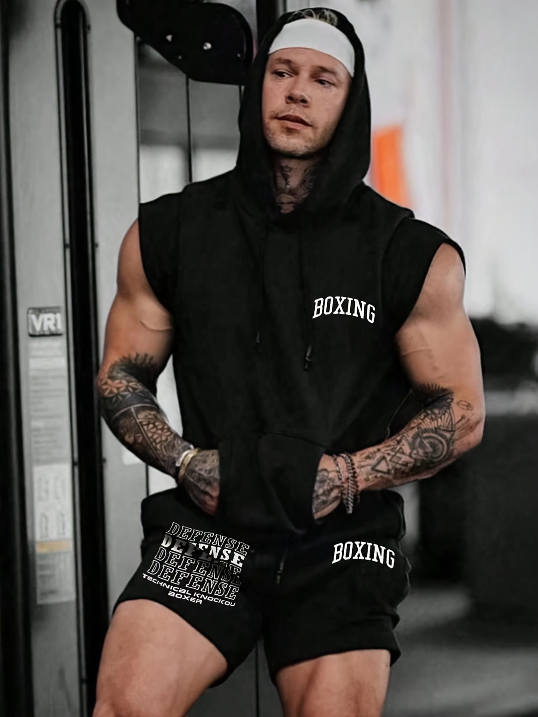 2-piece Men's Summer Sports Set, Novelty Boxing Letter Print Men's Sleeveless Hooded Vest With Kangaroo Pocket & Sports Shorts With Pockets co ord set