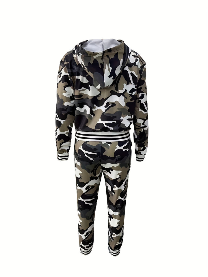 1set Women'S Camouflage Pattern Casual Hoodie and Pants Set, Polyester Knit Fabric with Pockets, Autumn/Winter Season, Fashionable Loungewear Outfit