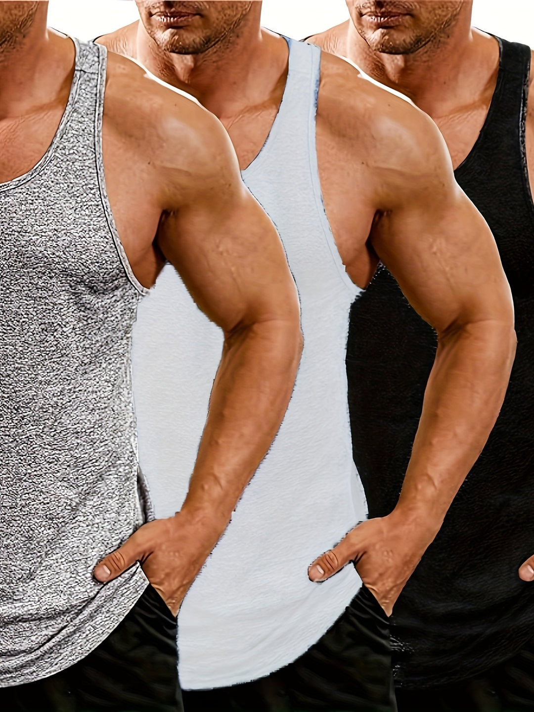 Men's 3pcs Set Of Casual And Chic Solid Crew Neck Sleeveless Sports Tank Tops, Sports Vest Suitable For Summer Fitness, Workout And Training Wear