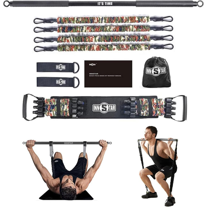 NEW Portable Home Gym Set with Workout Bar, Bench Press Set, Squat Resistance Band, Door Anchor and More-Full Body Workout Equipment to Build Muscle and Shape Body