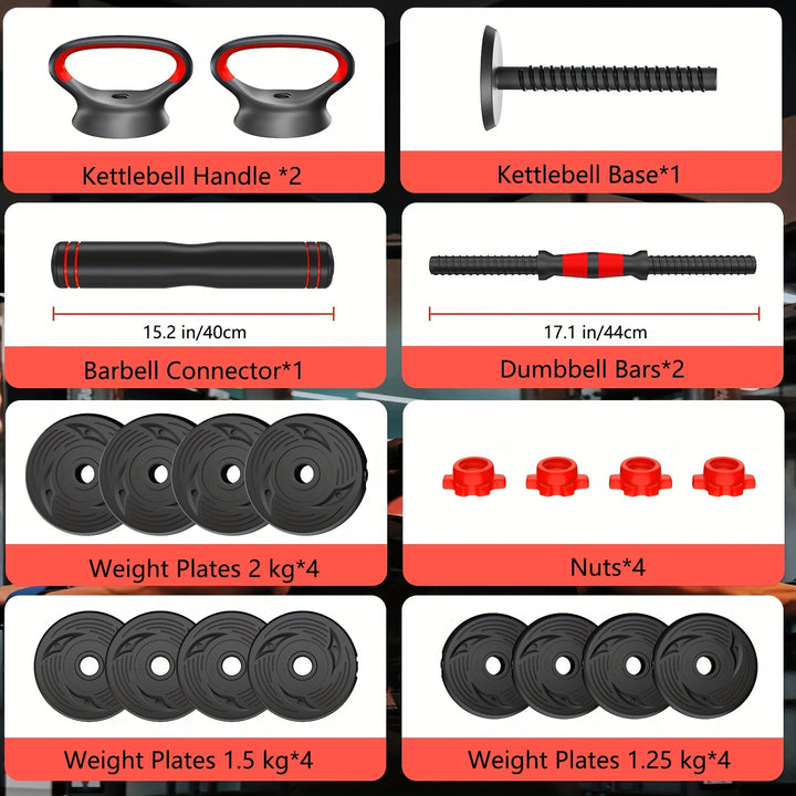 AJUMKER 19.96KG Adjustable Dumbbell & Barbell Set with Kettlebell Connector - Flexible Weight Adjustment, Durable Iron Home Gym Equipment for Men & Women, Includes Gloves & Jump Ropes, Ideal for Full Body Workouts, Gym Access