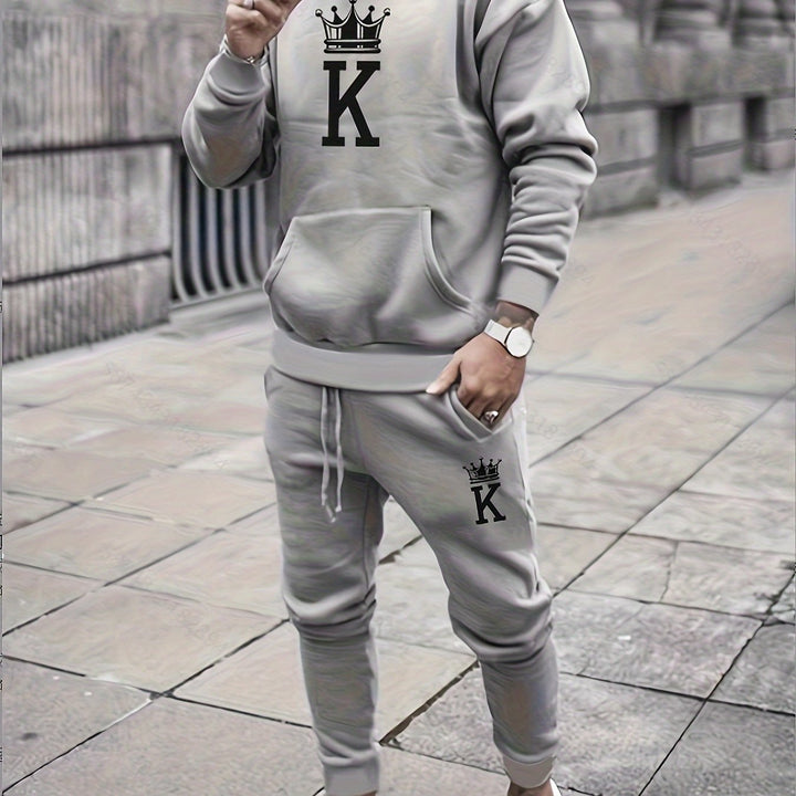 Men's Classic Athletic & Casual Print Hoodie Set - Polyester, Long Sleeve with Drawstring Pants, Perfect for Fall/Winter