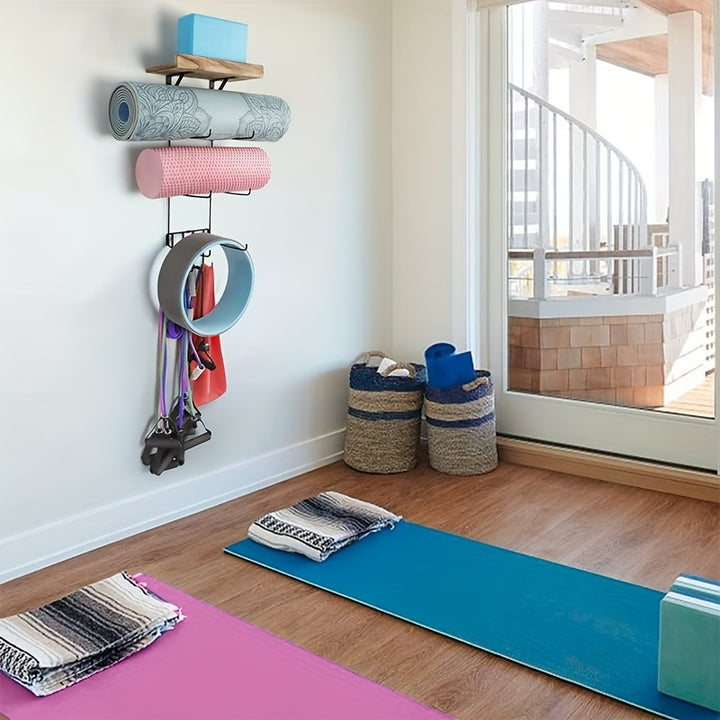 Yoga Mat Holder Accessories Wall Mount Organizer Storage Decor Foam Roller and Towel Storage Rack with 4 Hooks and Wooden Shelves Yoga Mats Rack Resistance Bands for Home Gym School Office