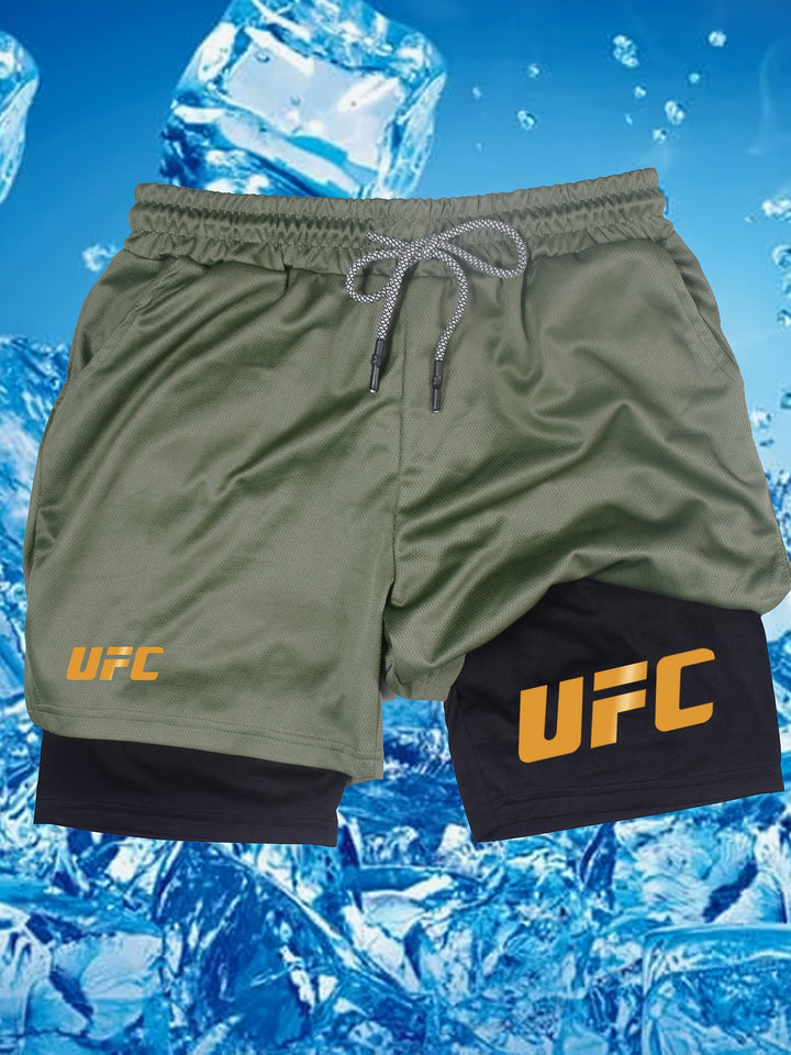 Men's UFC-Inspired Performance Shorts - Black, 100% Polyester with White Drawstring & "UFC" Print, Elastic Waistband, Ideal for Gym, Fitness, Boxing, Hiking, Daily Wear & Sports Activities