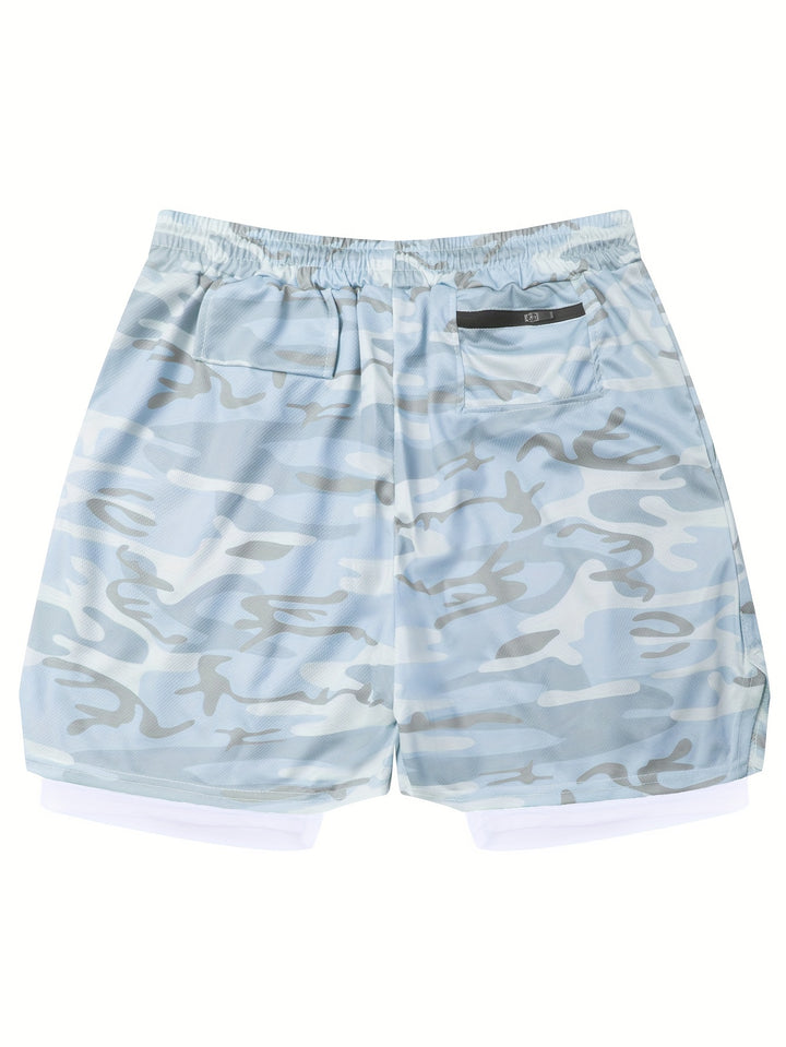 Men's Camouflage Pattern Double-layer Shorts With Drawstring And Pockets, Quick Dry And Comfy Shorts For Summer Fitness, Basketball And Running Wear