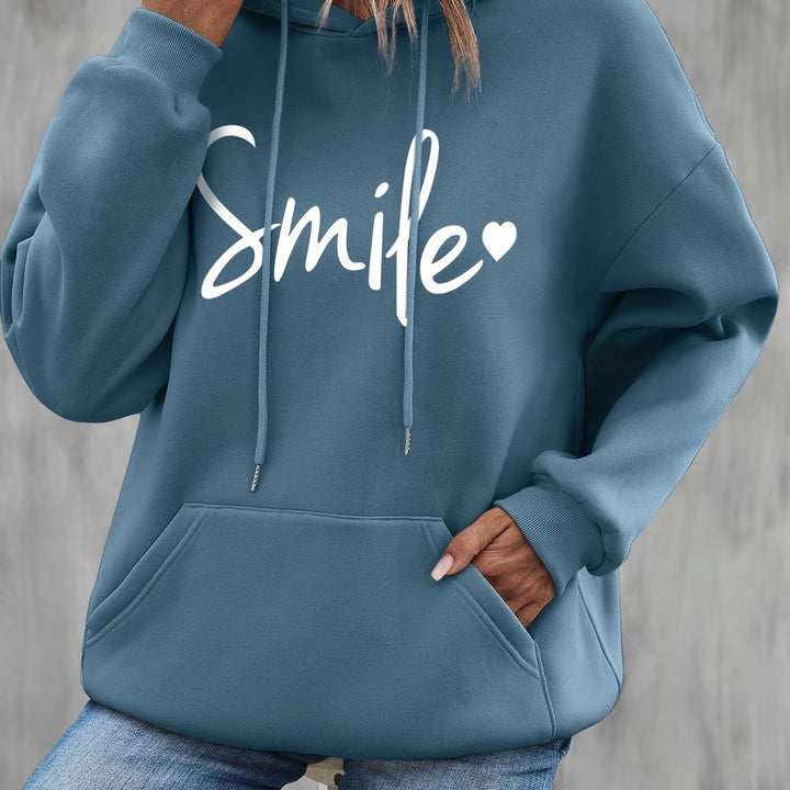 Smile Print Drawstring Hoodie, Casual Long Sleeve Hooded Sweatshirt With Kangaroo Pocket For Fall & Winter, Women's Clothing