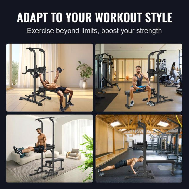 Adjustable 10 Level Power Tower with Detachable Bench Multi Function Dip Station and Pull Up Bar Home Gym Fitness Equipment for Strength Training Up to 199.58KG