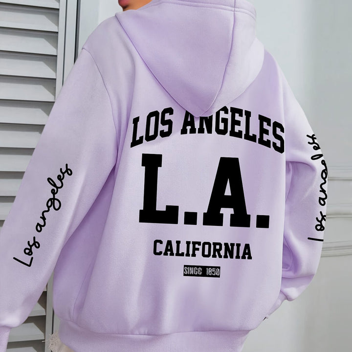 Women'S Plus Size Casual Hoodie with Los Angeles Print, Long Sleeve Pullover Sweatshirt with Pocket, 100% Polyester Knit Fabric, Slight Stretch, Fall/Winter Hooded Clothing