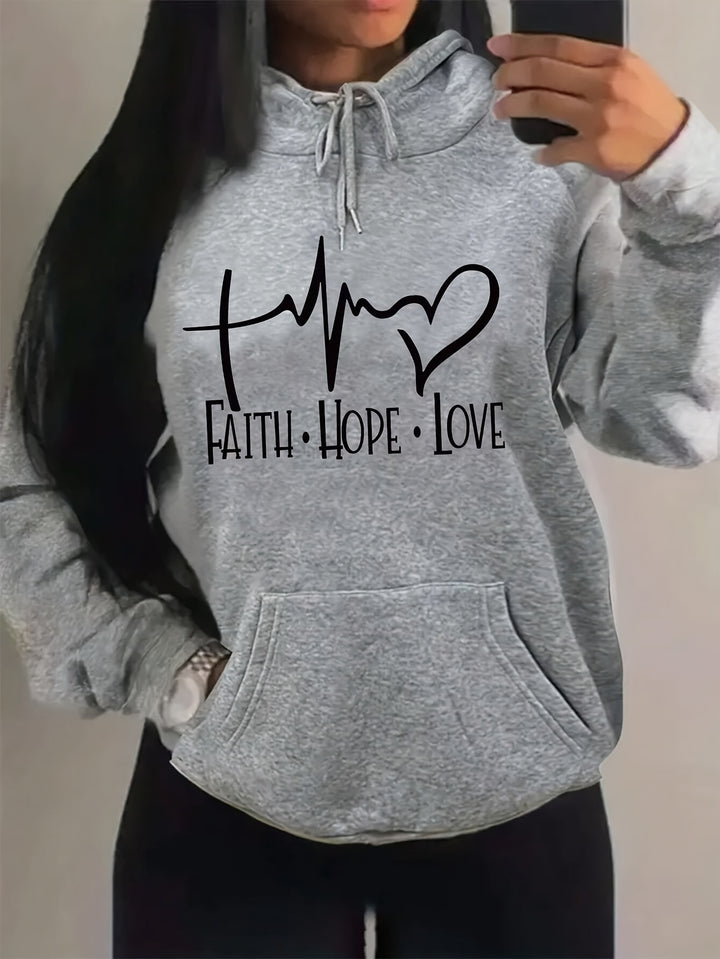 Women's Sports Hoodie With Pocket, Drawstring Design, Long Sleeve, Letter And Ecg Print, Plush Lined, For Fall & Winter