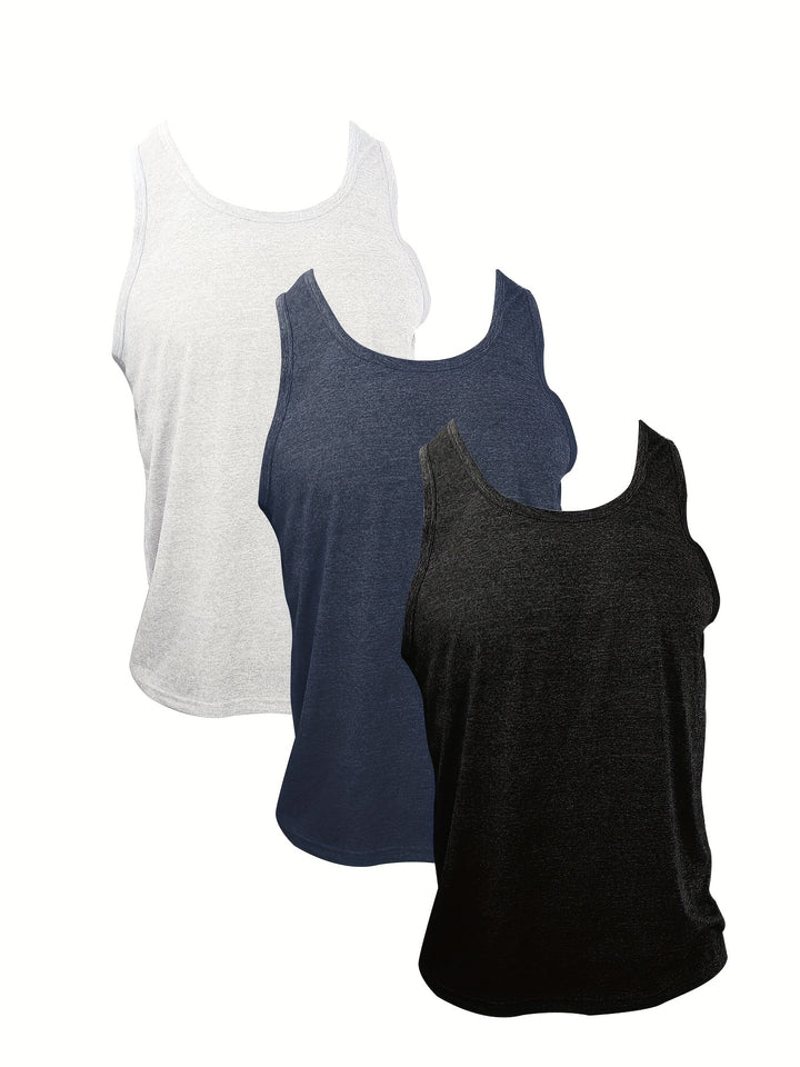 Men's 3pcs Set Of Casual And Chic Solid Crew Neck Sleeveless Sports Tank Tops, Sports Vest Suitable For Summer Fitness, Workout And Training Wear