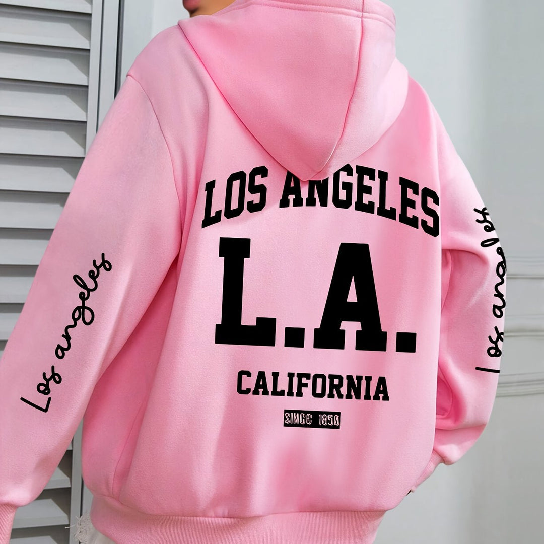 Women'S Plus Size Casual Hoodie with Los Angeles Print, Long Sleeve Pullover Sweatshirt with Pocket, 100% Polyester Knit Fabric, Slight Stretch, Fall/Winter Hooded Clothing