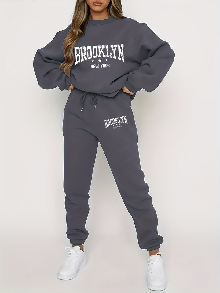 Brooklyn New York Casual Tracksuit Set for Women - Polyester Crew Neck Sweatshirt and Joggers with Alphabet Print - Knit Fabric, Regular Fit Lounge Wear for All Seasons