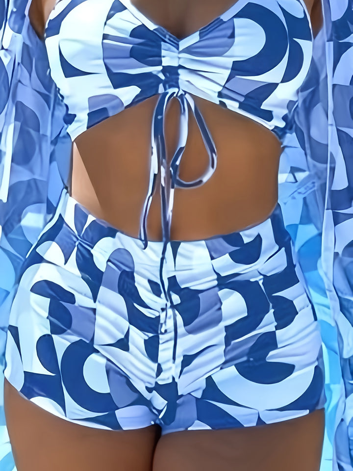 Chic 3-Piece Swimsuit Set for Women - Vibrant Contrast Print, High-Waisted Ruched Bottoms & Long Sleeve Cover-Up for Beach Days