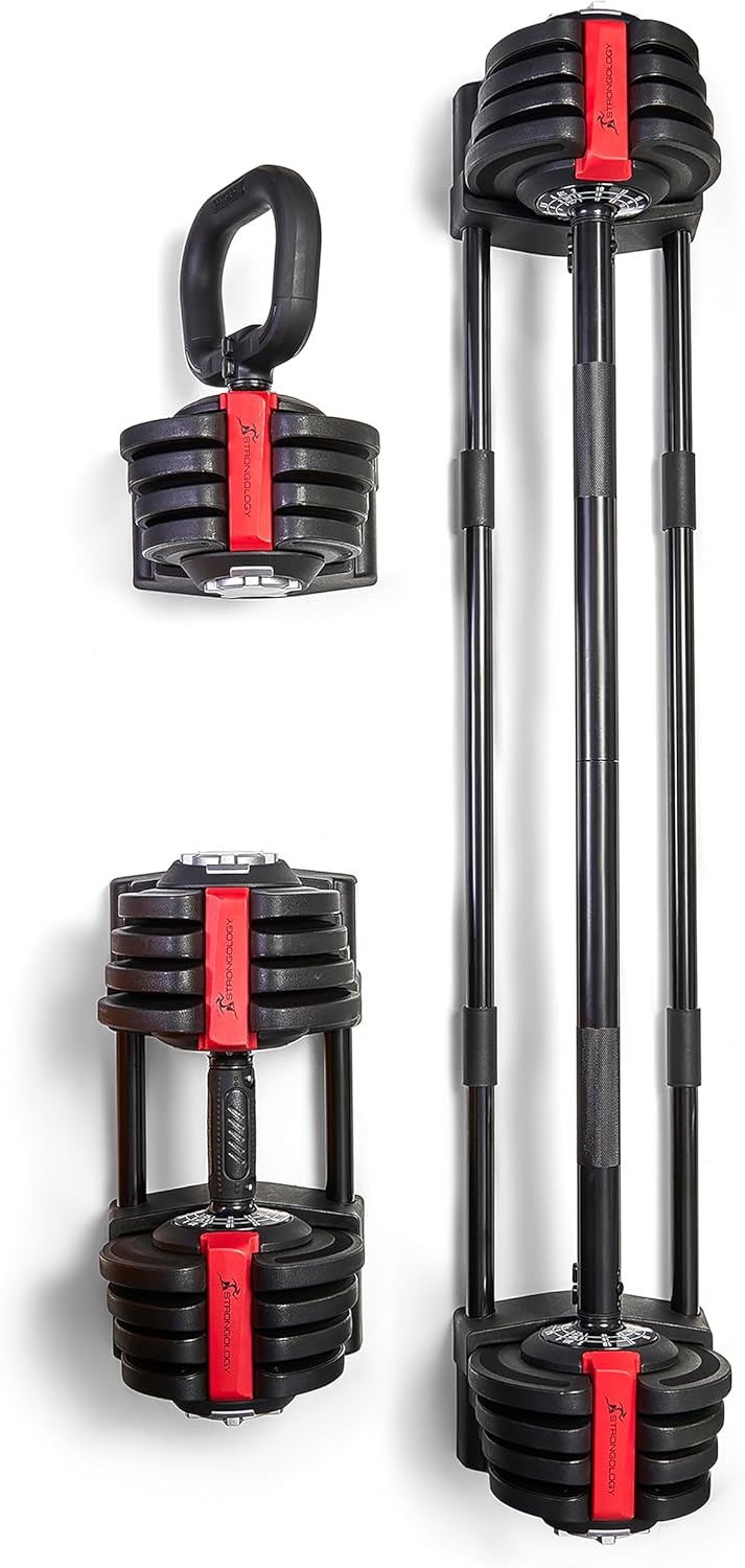 Home Fitness Black/Red Adjustable Smart Barbell/Dumbbell/Kettlebell from 2kg up to 19kg Training Weights