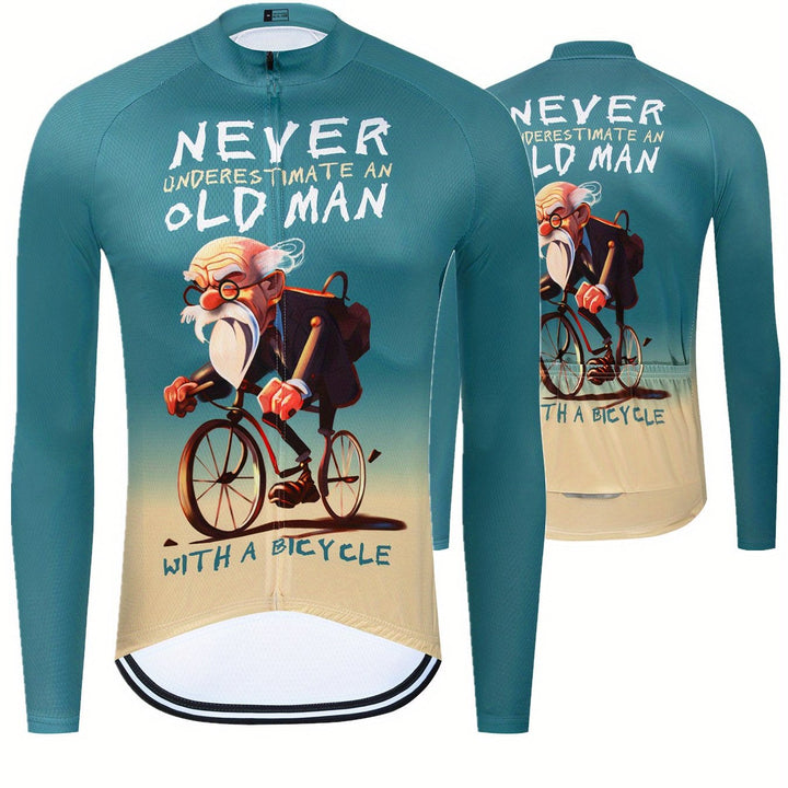 Men's Old Man Cartoon Print Long Sleeve Cycling Jersey With Anti-Slip Zipper, Moisture-Wicking And Quick-Drying Top For Road And Mountain Biking, Outdoor Cloth