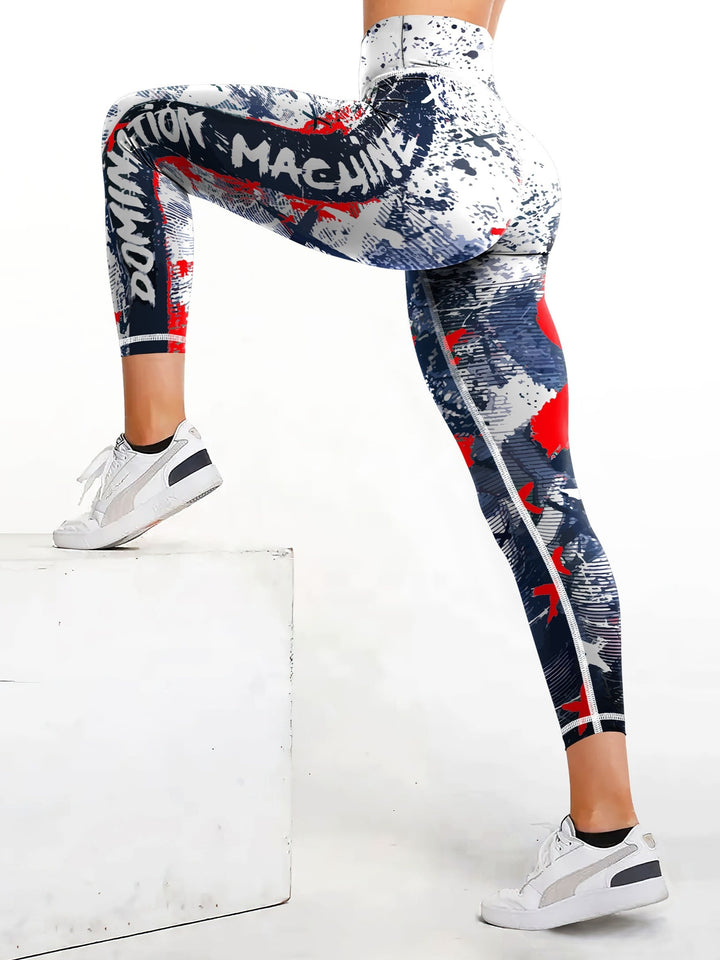 Fashionable Letter Printed High Waist Yoga Leggings - Bold Graffiti Color Block Design, Butt Lifting & Tummy Control, Womens Performance Running Tight Pants