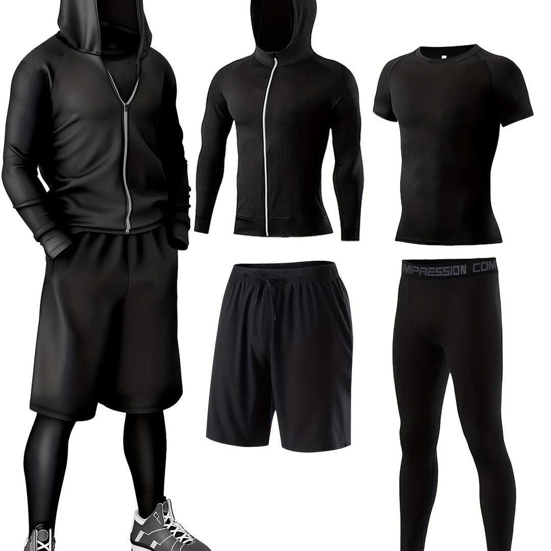 4-Piece Men's Athletic Set - Breathable Quick-Dry Sportswear, Running Gym Cycling Outfit, Casual Comfort Fitness Apparel with Hoodie, Jacket, Shorts & Leggings