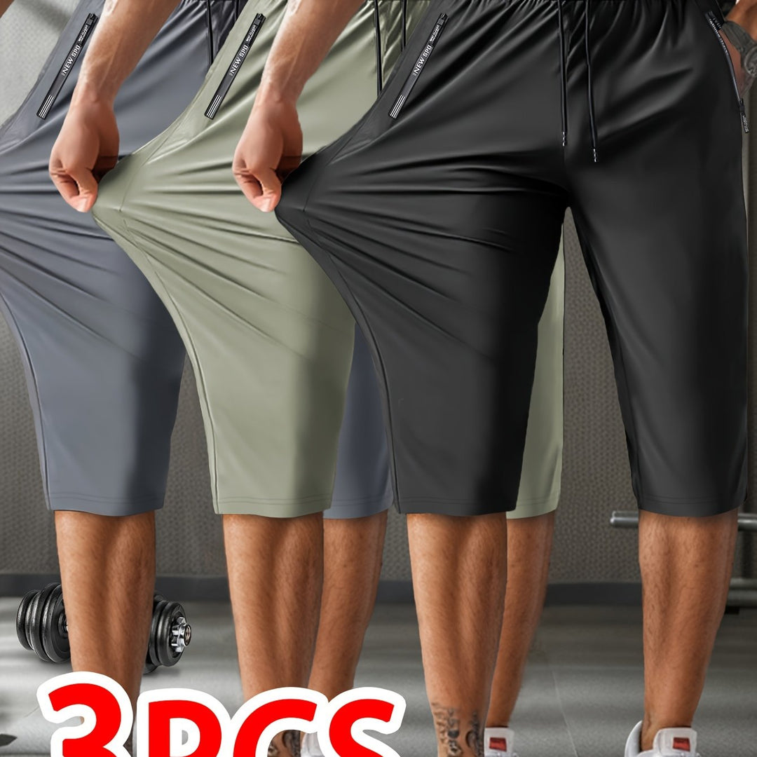 3pcs Men'S Casual Active Polyamide Shorts, High Stretch Knit Fabric, Solid Color, Straight Leg, with Pockets, Elastic Waist with Drawstring