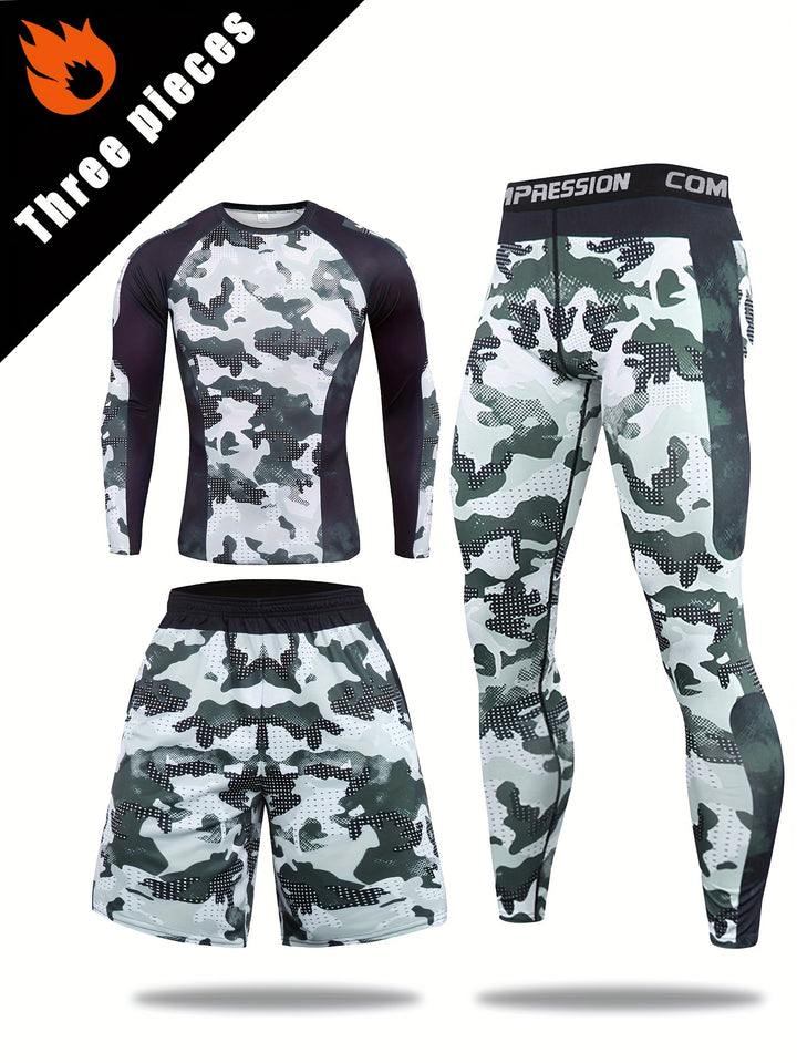 Men's 3pcs Camo Compression Set: Breathable, Non-Stick Athletic Gear for Outdoor & Training - Includes Long Sleeve Top, Shorts & Leggings