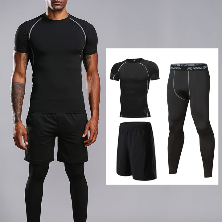 3pcs Men's Base Layer Sets, Compression Short Sleeve Round Neck Tops Shirts & Bottom Pants & Shorts, Sports Fitness Workout Body Shaper Suit, Sports Suits