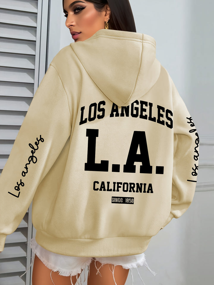 Women'S Plus Size Casual Hoodie with Los Angeles Print, Long Sleeve Pullover Sweatshirt with Pocket, 100% Polyester Knit Fabric, Slight Stretch, Fall/Winter Hooded Clothing