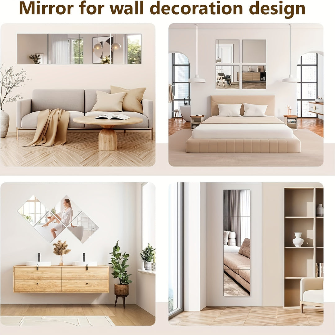 8pcs Set Frameless Wall Mirrors, 30.48x30.48 cm - Sleek Acrylic Full Length Body Mirror for Gym, Bedroom, Living Room & Over Door Installation