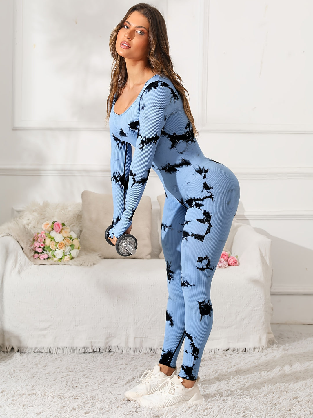 Women'S Tie-Dye Long-Sleeve Jumpsuit with a Fitted Square Neckline, Designed for Yoga And Sports to Prevent Rolling.