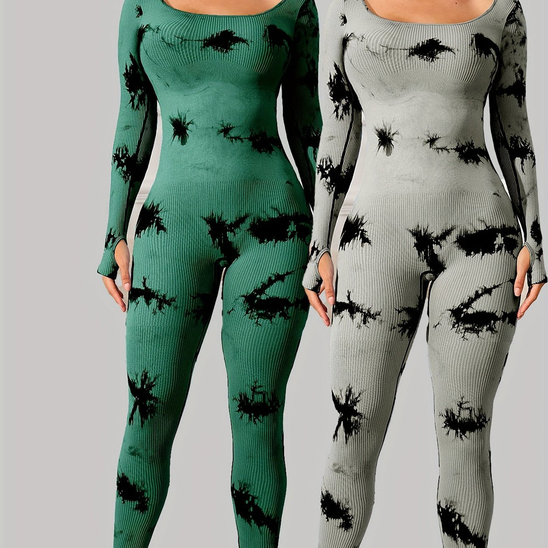 Women'S Tie-Dye Long-Sleeve Jumpsuit with a Fitted Square Neckline, Designed for Yoga And Sports to Prevent Rolling.