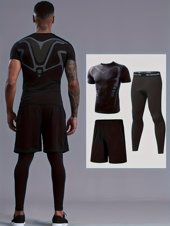 3pcs Men's Base Layer Sets, Compression Short Sleeve Round Neck Tops Shirts & Bottom Pants & Shorts, Sports Fitness Workout Body Shaper Suit, Sports Suits