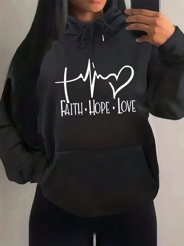 Women's Sports Hoodie With Pocket, Drawstring Design, Long Sleeve, Letter And Ecg Print, Plush Lined, For Fall & Winter