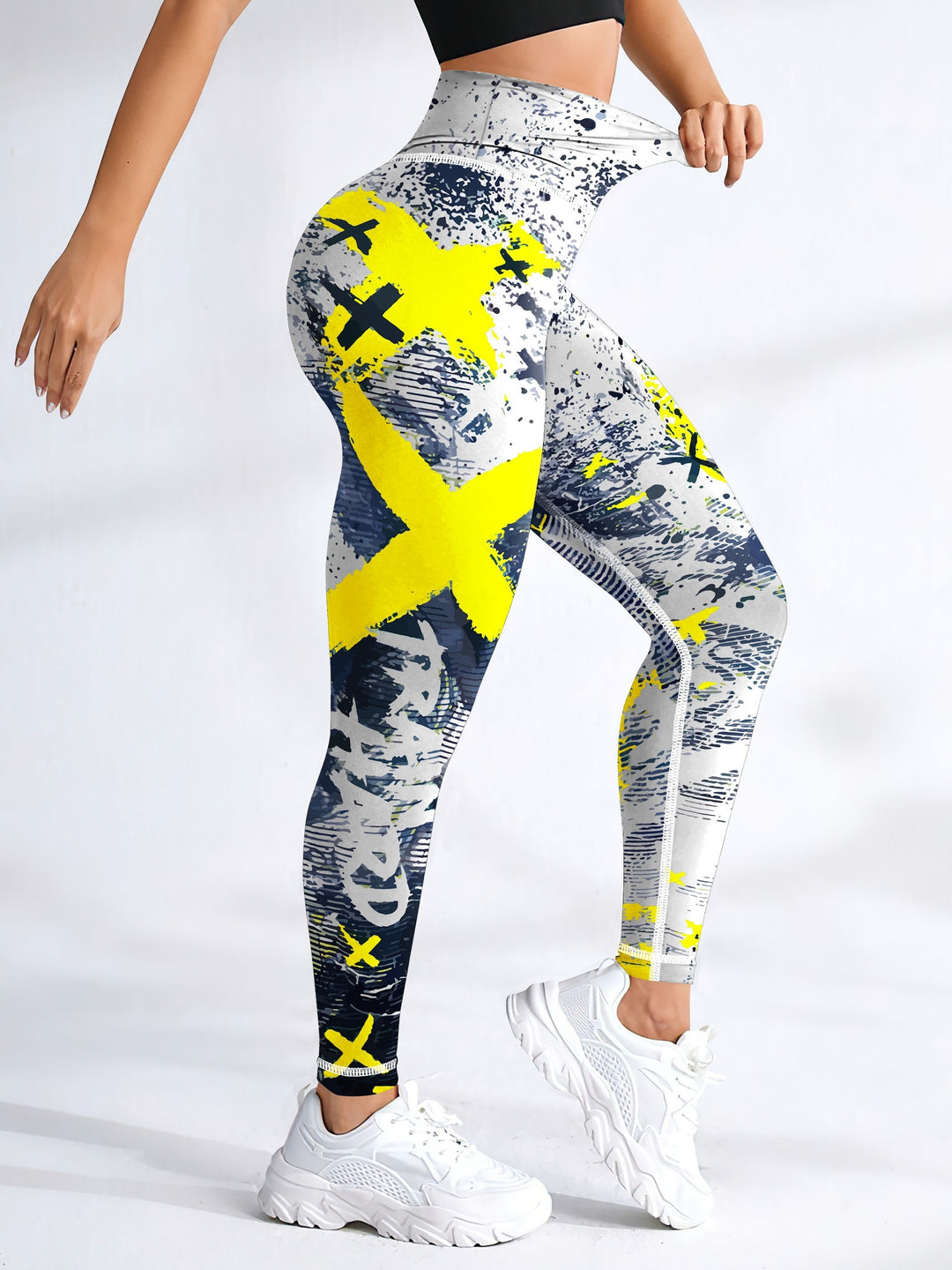 Fashionable Letter Printed High Waist Yoga Leggings - Bold Graffiti Color Block Design, Butt Lifting & Tummy Control, Womens Performance Running Tight Pants