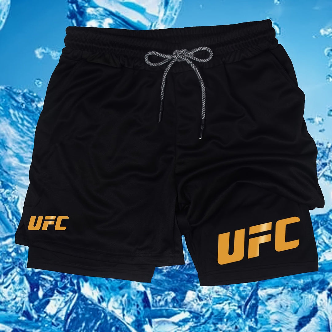 Men's UFC-Inspired Performance Shorts - Black, 100% Polyester with White Drawstring & "UFC" Print, Elastic Waistband, Ideal for Gym, Fitness, Boxing, Hiking, Daily Wear & Sports Activities