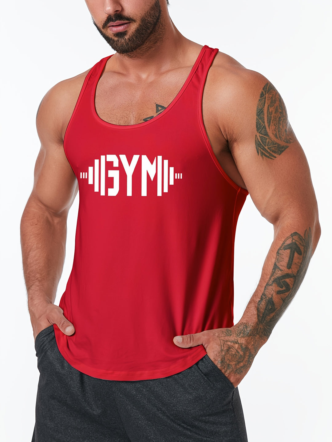 GYM Dumbbell Pattern Men's Summer Tank Top, Men's Breathable Lightweight Top For Fitness