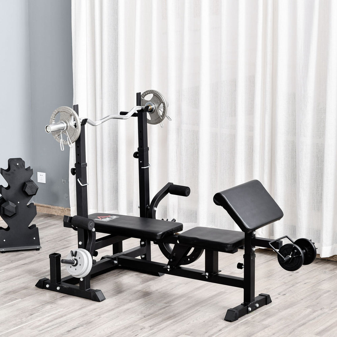 Multi-Exercise Full-Body Weight Rack with Bench Press, Leg Extension, Chest Fly Resistance Band & Preacher Curl