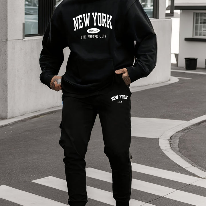 Men'S Thickened Fleece Sports Suit with New York Letter Print, Spring And Autumn Hooded Sweatshirt Set, Long Sleeve Casual And Comfortable with Pockets, Two-Piece Hoodie And Sweatpants.