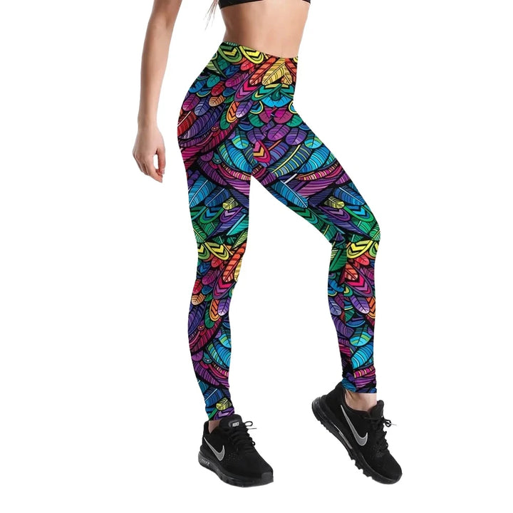 Quickitout Color Feathers 3D Printed Women's Mid-Waist Fitness Trousers