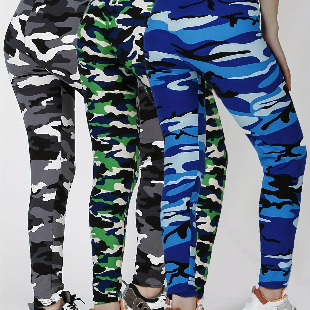 3pcs Women's High-Waist Camo Print Leggings - Stretchy, Breathable Activewear for Running & Fitness, Machine Washable