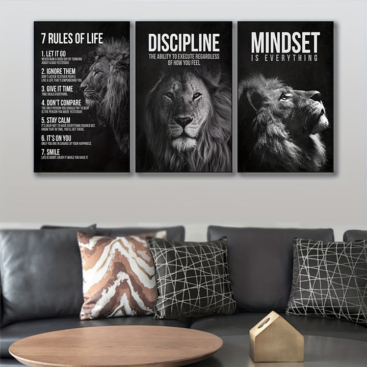 Inspirational Lion King Canvas Poster Prints, Set of 3, Frameless Motivational Wall Art for Home Office, Living Room, Bedroom - Art Deco, Classic, Contemporary Styles, Animal Print Theme, Indoor Portrait Orientation