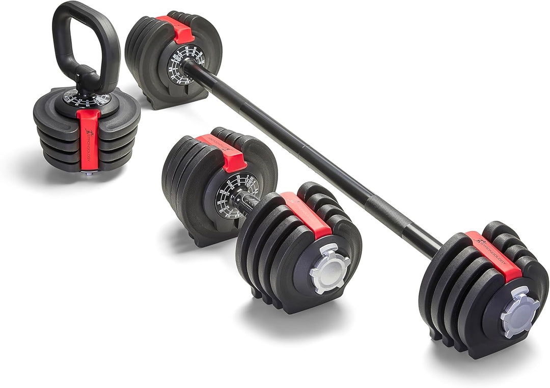 Home Fitness Black/Red Adjustable Smart Barbell/Dumbbell/Kettlebell from 2kg up to 19kg Training Weights