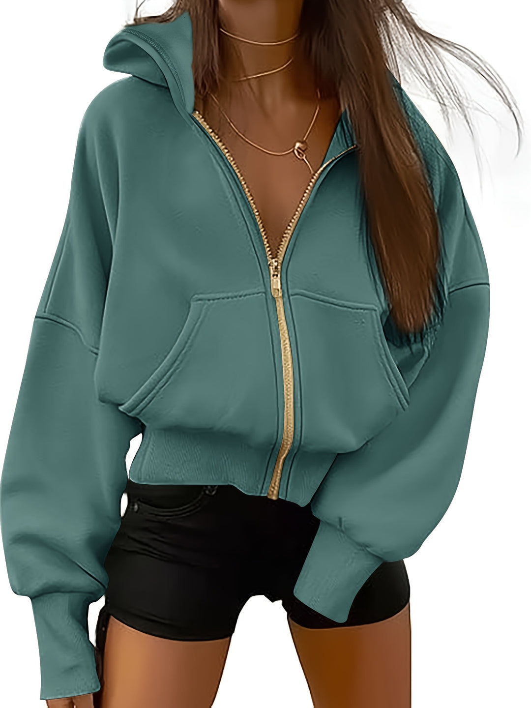 Solid Color Zip-up Hoodie Sweatshirt, Casual Long Sleeve Slant Pockets Drawstring Jacket for Fall & Winter, Women's Clothing