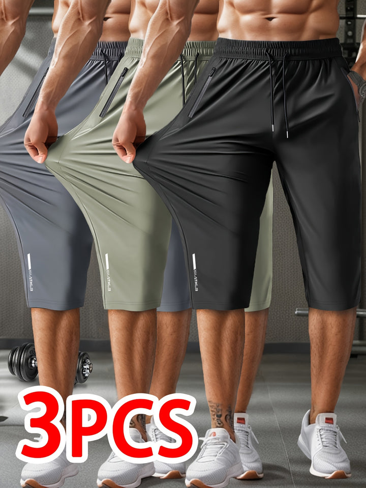 3pcs Men'S Casual Active Polyamide Shorts, High Stretch Knit Fabric, Solid Color, Straight Leg, with Pockets, Elastic Waist with Drawstring