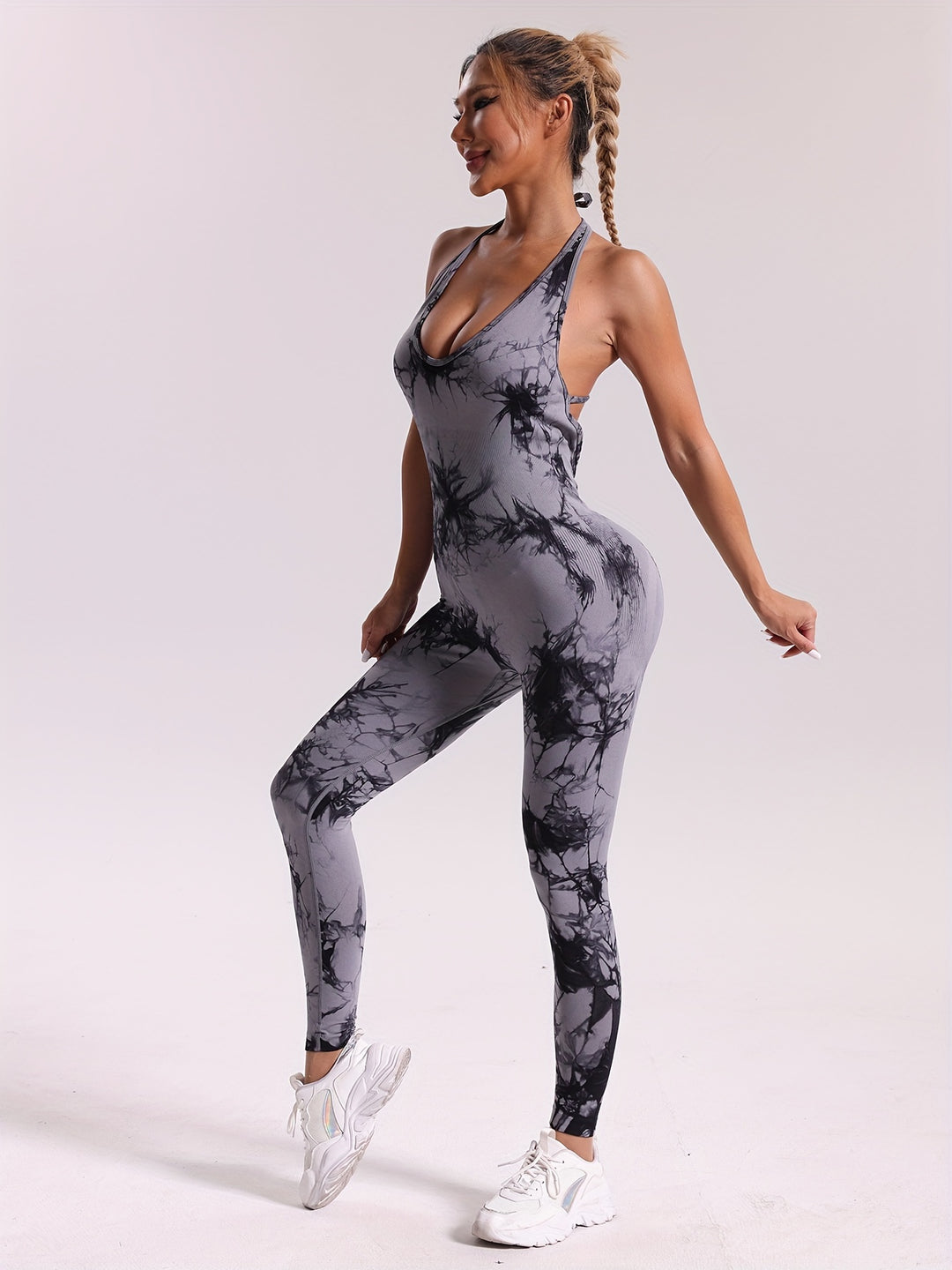 Tie Dye Halter Neck Sports Jumpsuits, Seamless Backless Sexy Yoga Workout Catsuit, Women's Activewear