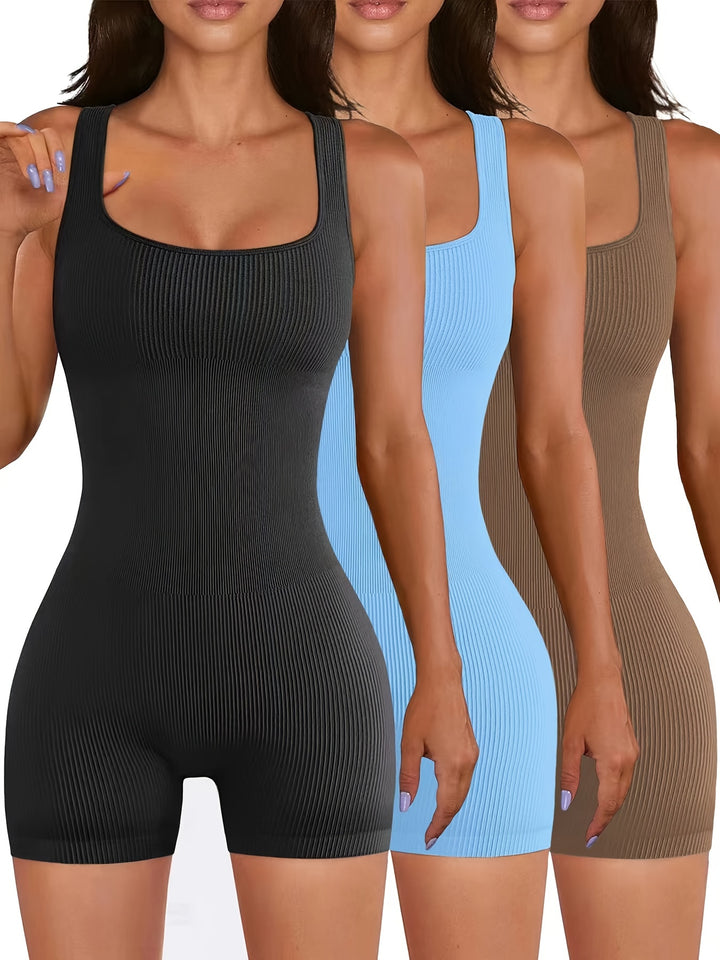 3pcs Women's Solid Color Sleeveless Yoga Jumpsuits, Seamless Ribbed Knit Gym Bodysuits, Casual Athletic Tank Rompers