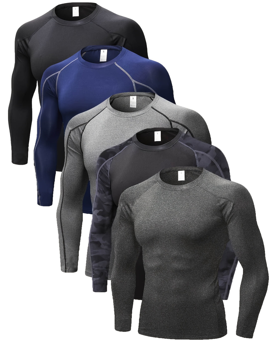 5pcs Men's Long Sleeve Quick-Dry, Moisture-Wicking Compression T-Shirts - Spandex/Polyester Athletic Tops in Black, Gray, Navy, White & Camo for Running & Training, Gym Shirts