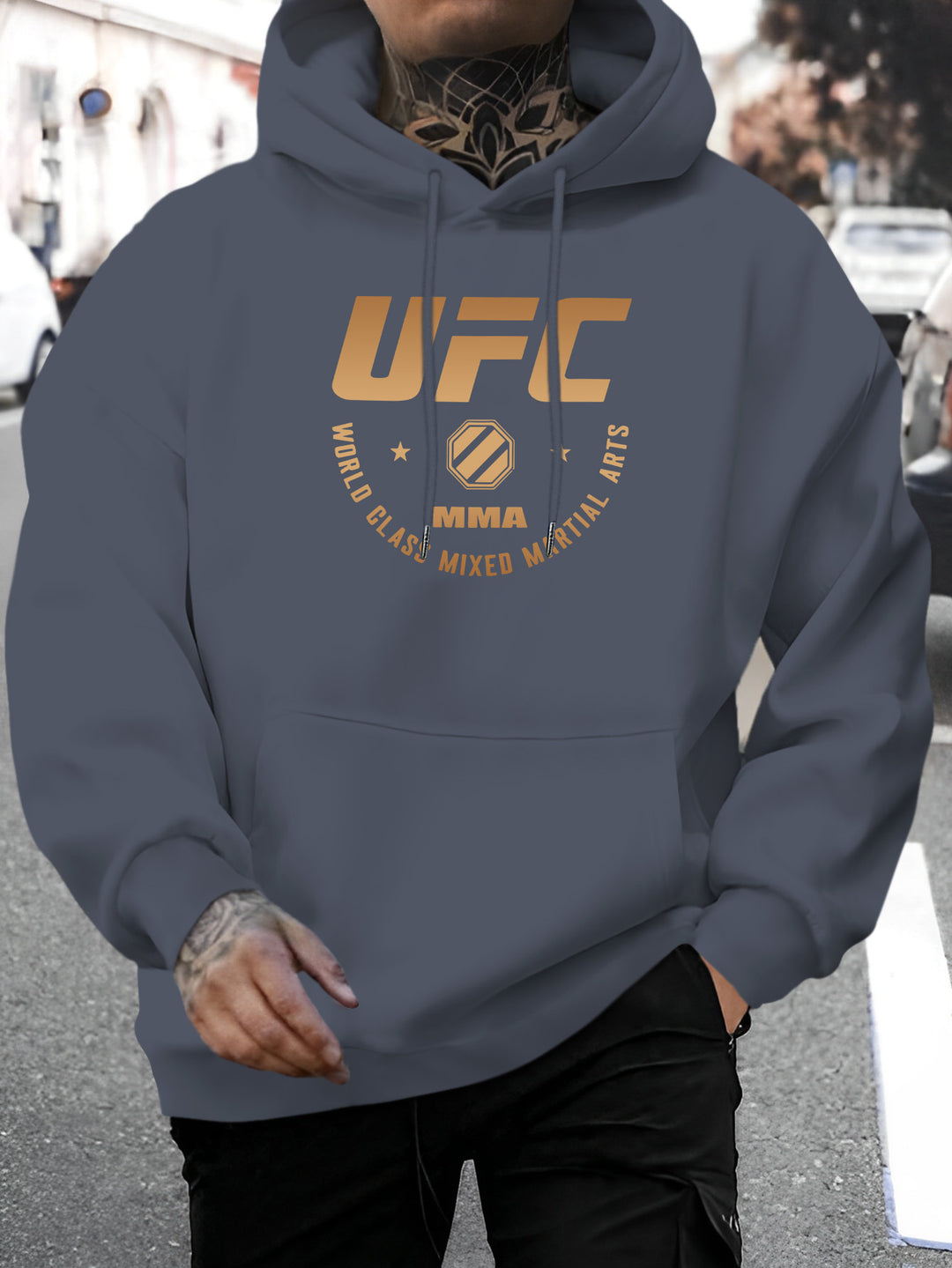 Men'S UFC Graphic Hoodie - Polyester Casual Pullover with Hood - Fall/Winter Knit Fabric Casual Style - Regular Fit Long Sleeve Hooded Sweatshirt with Slight Stretch - Alphabet Print Fashion Hooded Top