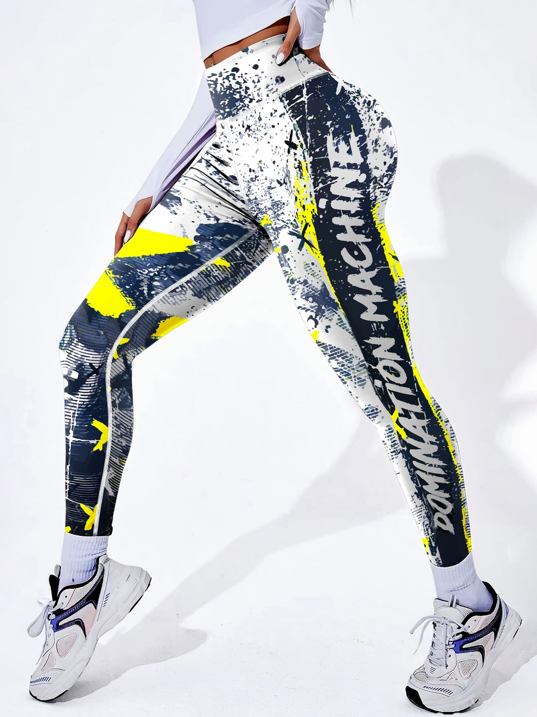 Fashionable Letter Printed High Waist Yoga Leggings - Bold Graffiti Color Block Design, Butt Lifting & Tummy Control, Womens Performance Running Tight Pants