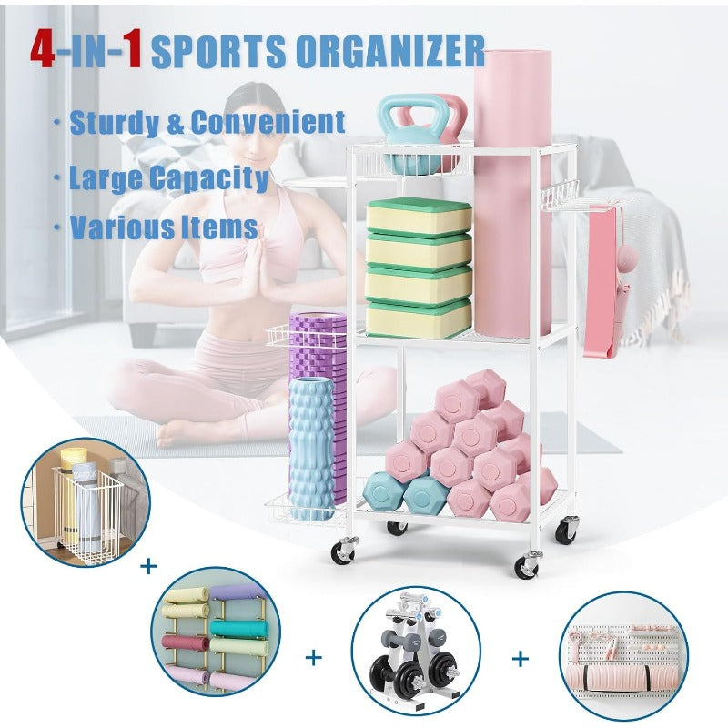 Deluxe Edition Dumbbell Rack, Yoga Mat Storage Rack, Workout Equipment Storage Rack for Dumbbells Kettlebells Yoga Mat and Balls, Home Gym Storage Organizer with Hooks and Wheels - White57D x 32W x 76H centimetres